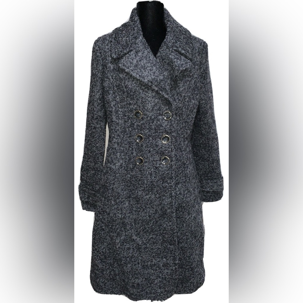 Ivanka Trump Charcoal Bouclé Wool Double-Breasted Retro-Inspired Winter Pea Coat